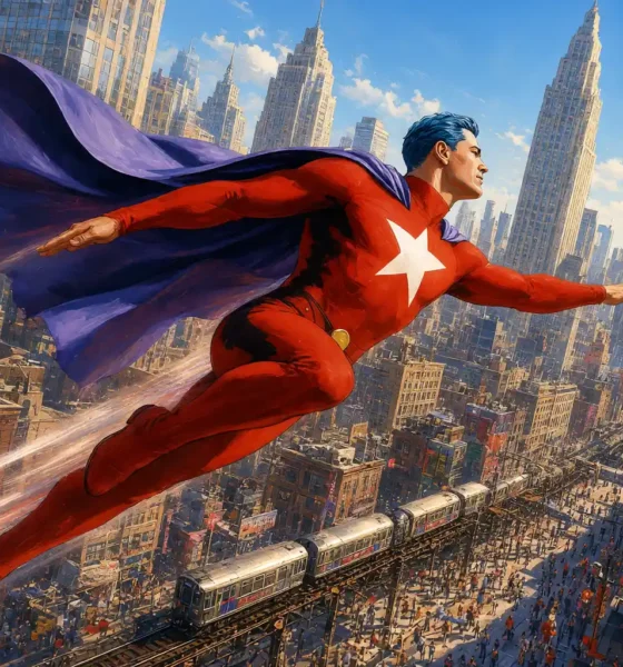 Astro City Samaritan flying over Kurt Busiek city