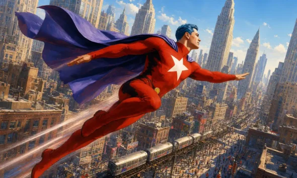 Astro City Samaritan flying over Kurt Busiek city