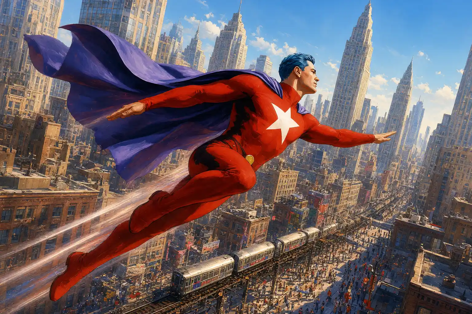 Astro City Samaritan flying over Kurt Busiek city
