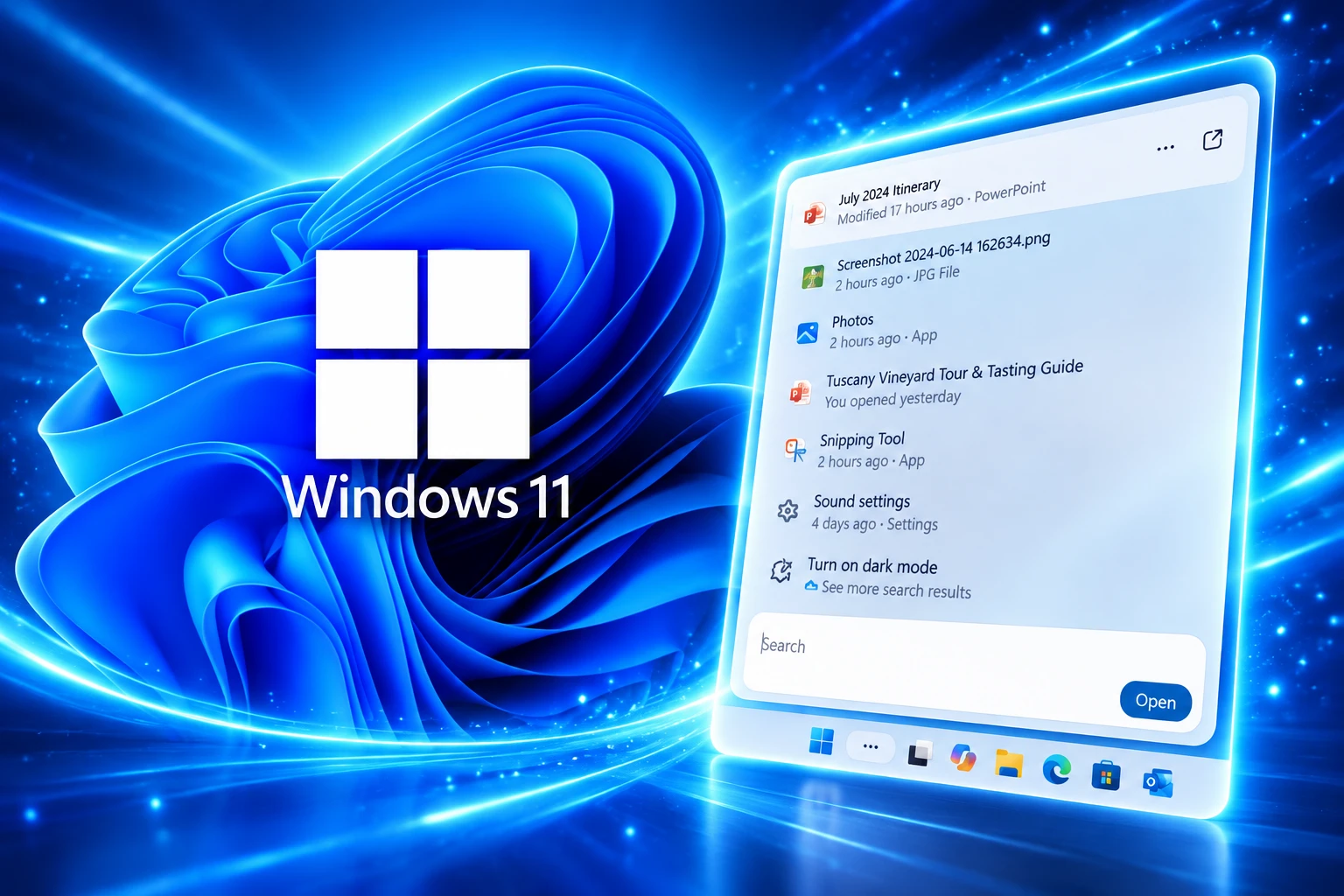Windows 11 Search toggles settings from taskbar